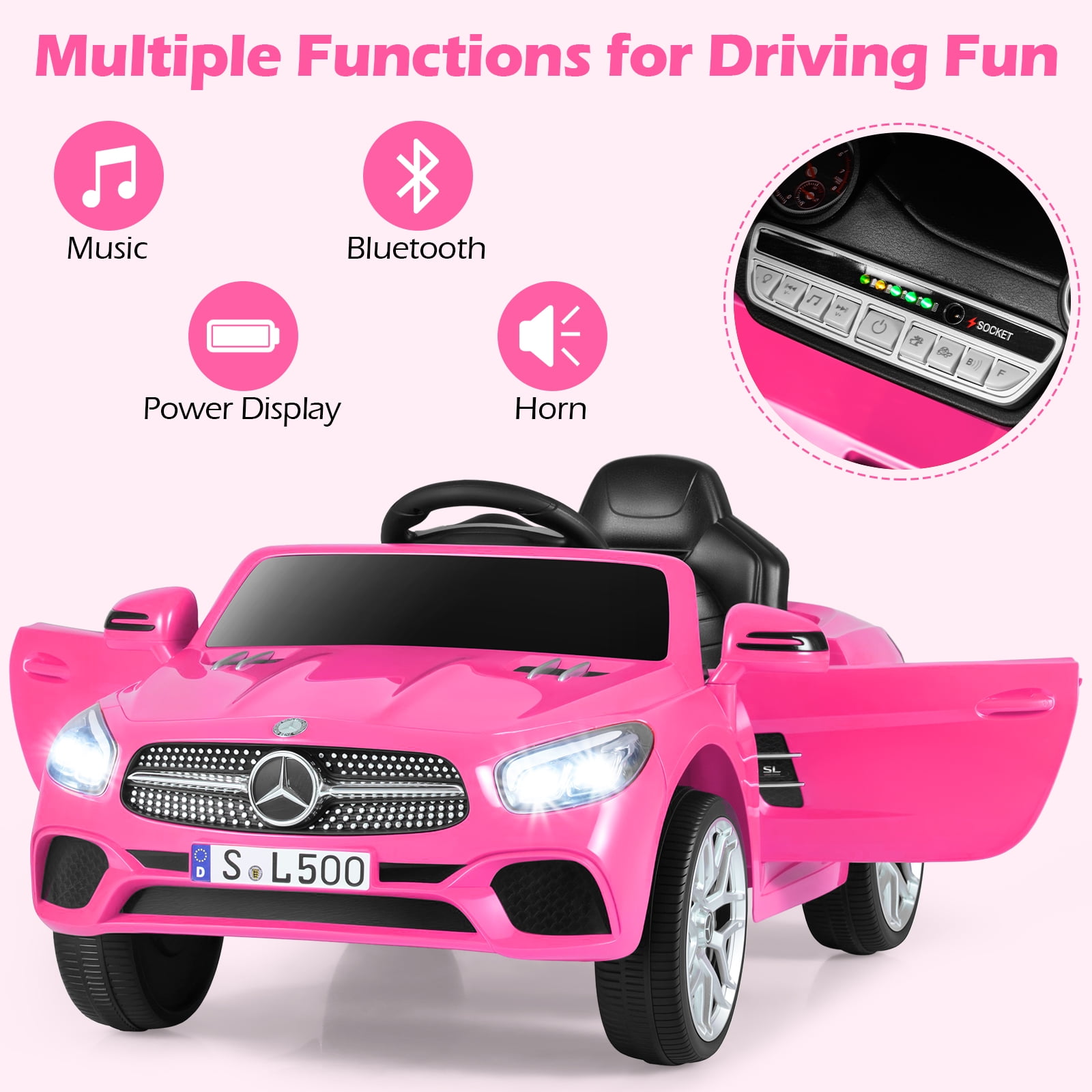 OLAKIDS 12V Electric Kids Ride On Car, Licensed Mercedes Benz SL500 Toy Car with Remote Control, MP3 Plug, USB, 2 Speeds, LED Lights, Battery Powered Toy Vehicle for Toddler Children
