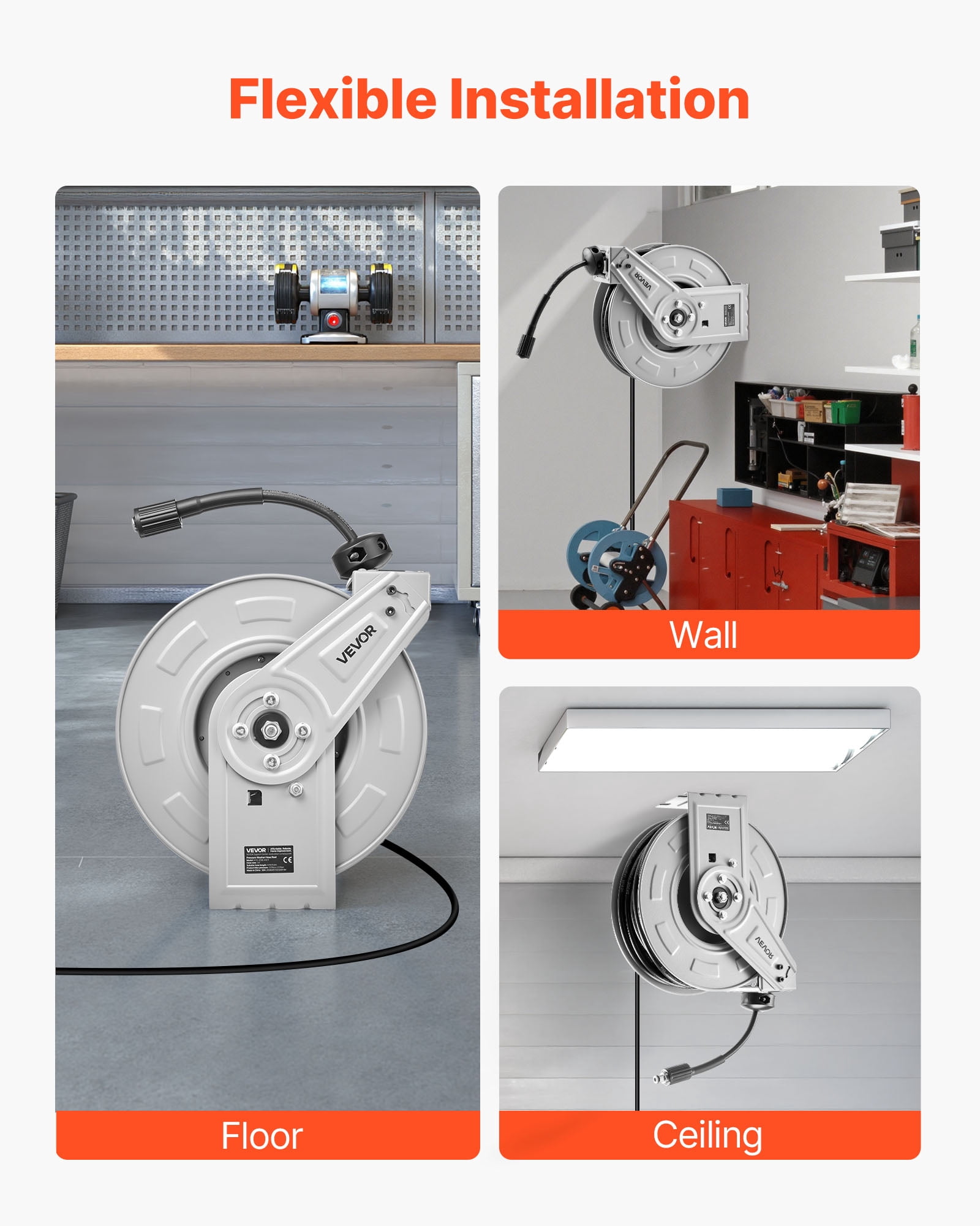 VEVOR Pressure Washer Hose Reel, 65 ft x 1/4 inch Retractable Power Heavy-Duty Steel Washer Hose Reel, 3200PSI Max, Auto-Rewinding, Flexible Wall/Floor Mounted for Car Washing,Garden,Floor Cleaning