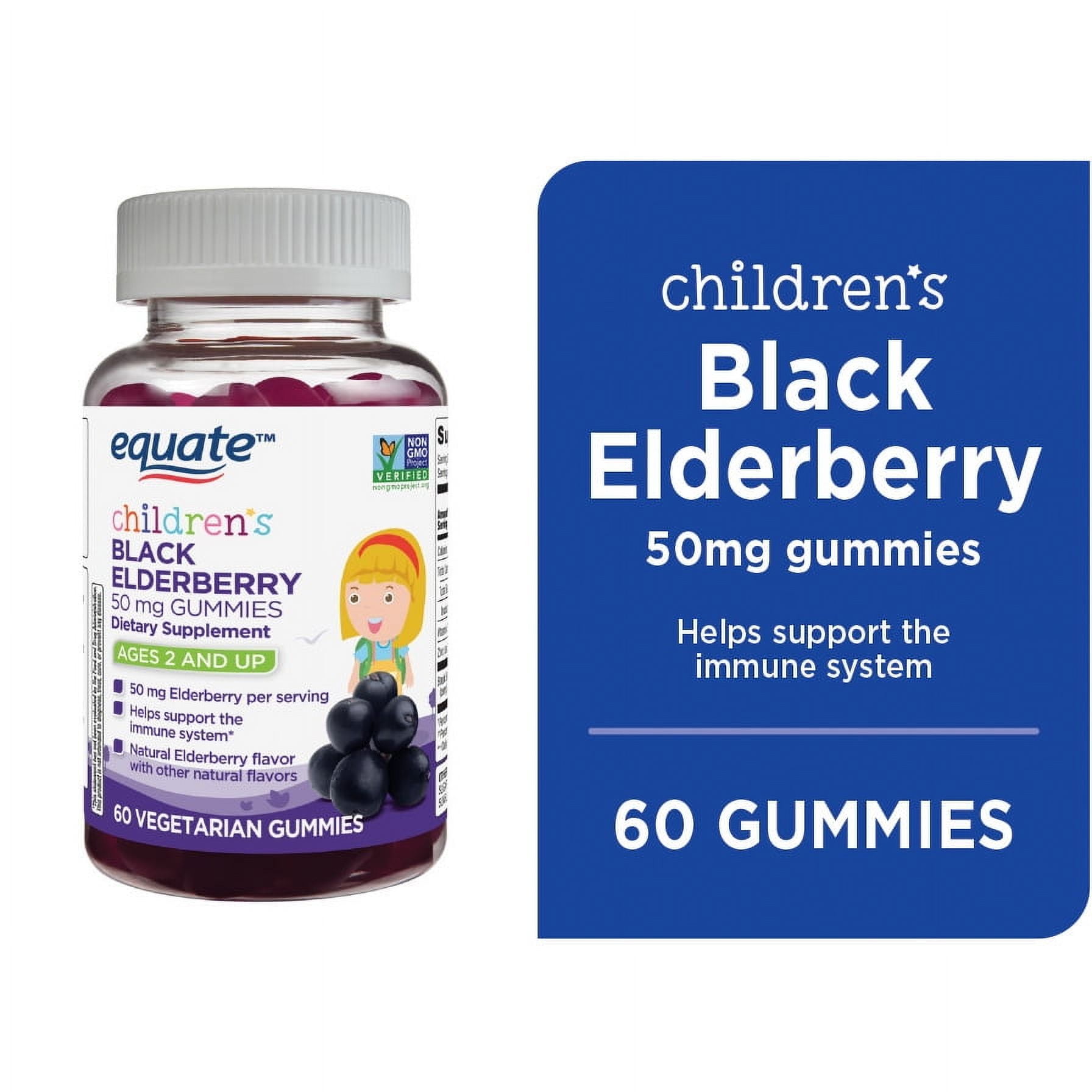 (3 pack) Equate Children's Black Elderberry Dietary Supplement Gummies for Immune Support, 50 mg, Natural Elderberry Flavor, 60 Count
