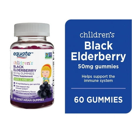 Equate Children's Black Elderberry Dietary Supplement Gummies for Immune Support, 50mg, Natural Elderberry Flavor, Ages 2 and Up, 60 Count