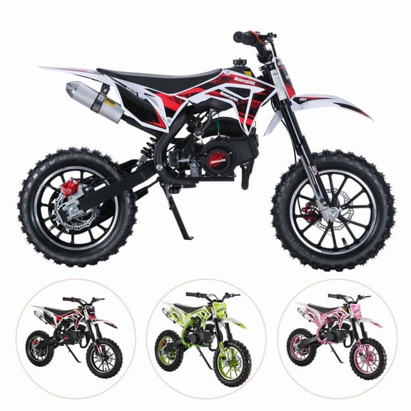 49cc Kids Dirt Bike - 2-Stroke Mini Motorcycle with Front and Rear Disc Brakes, Motorcycles for Kids Gas, Shock Absorption, Soft Seat Cushion and Off Road Tires for Kid and Teen