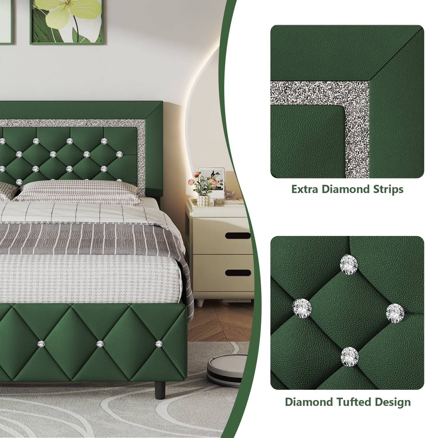 4 EVER WINNER King Bed Frame, Upholstered Platform Bed Frame with Headboard and Footboard, Diamond Headboard and Footboard Design, Green