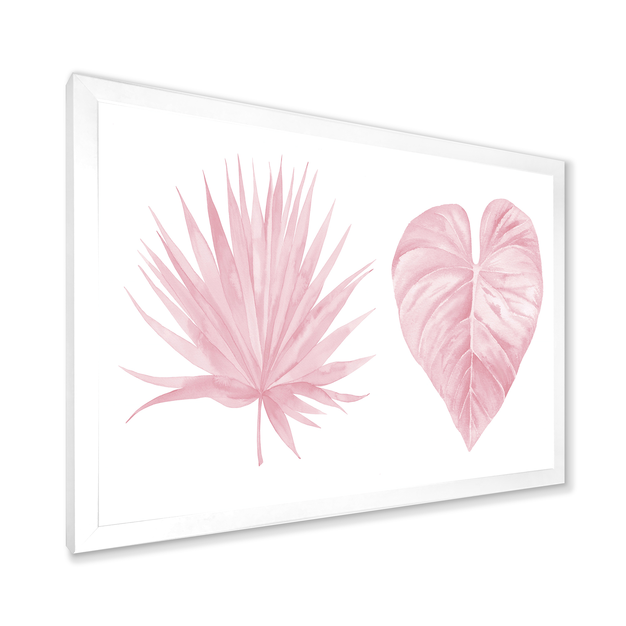 Designart 'Tropical Pink Watercolour Leaves On White II' Shabby Chic Framed Art Print