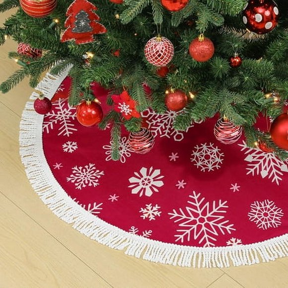 Lewondr Christmas Tree Skirt 36 inches Short Plush Tree Skirt for Christmas Day Large Cozy Christmas Tree Skirt Snowflake Christmas Tree Decoration for Home Decor Party Shop Red & White