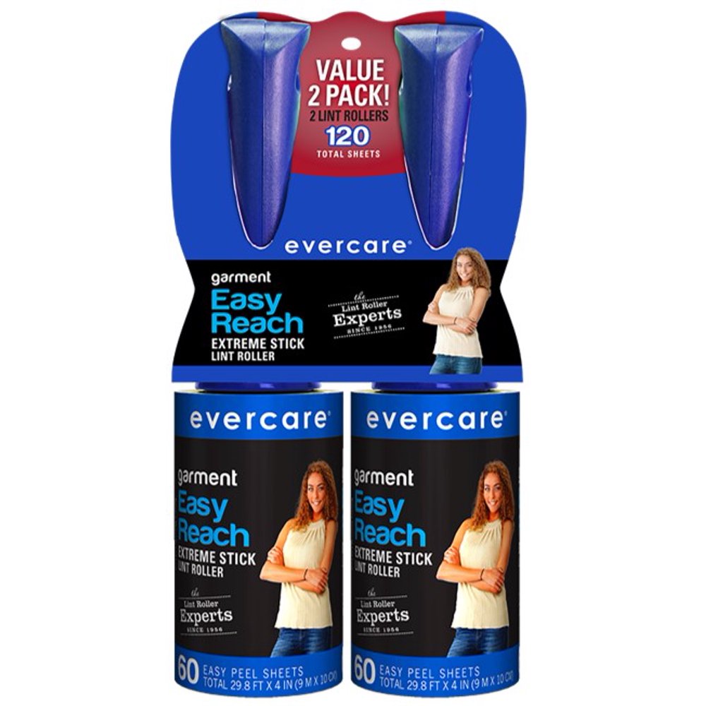 Evercare Garment Easy Reach Lint Roller, 60 Sheets, 2 Ct