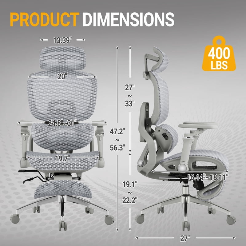 Lacoo Ergonomic Office Mesh Chair Executive High Back Computer Chair with Heated Massage Lumbar Support, 6D Armrest,Adjustable Headrest (Gray)