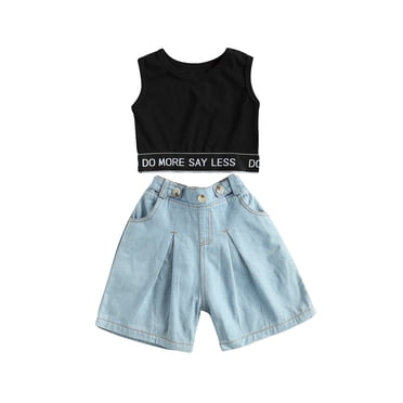 Xingqing Fashion Toddler Baby Girls Clothes Letter Sleeveless Pullover Vest Tops Blue Denim Shorts Sets