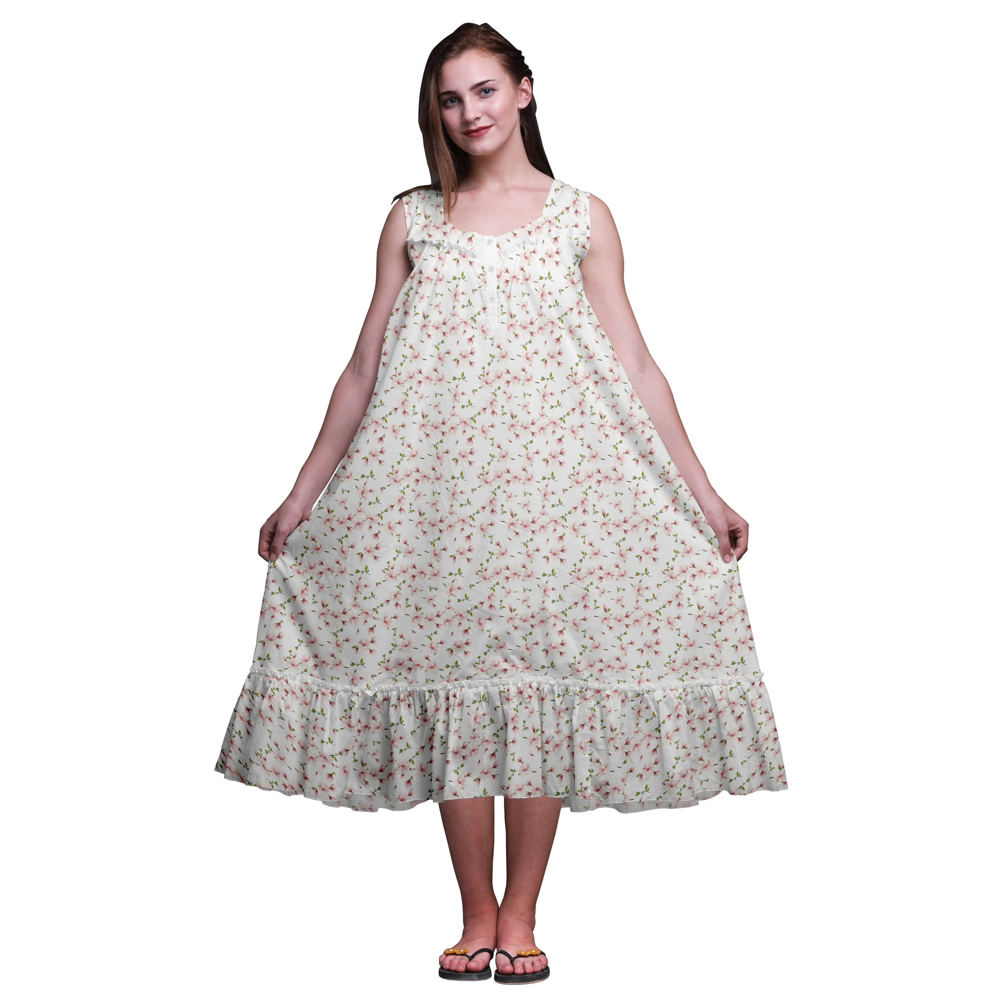 Bimba White27 Floral Leaves & Magnolia Mid Calf Nightwear Ladies Cotton Printed Sleeveless Night Gown Maxi Dress X-Small