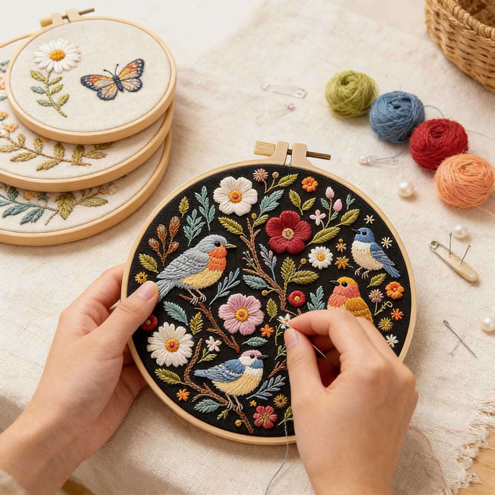 4PCS Embroidery Kit for Beginners, Birds with Flowers Cross Stitch Set for Include Embroidery Cloth Hoops Threads for Craft Lover Hand Stitch