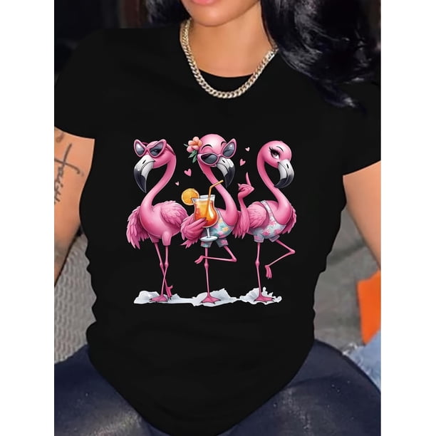 Camiseta De Mujer De Verano Ligera Básica Para Mochilero, Camping, CaminarWomen's Vibrant Purple Flamingo Graphic T-Shirt - Casual Short Sleeve Crew Neck Top, Polyester, Machine Washable, Perfect fo