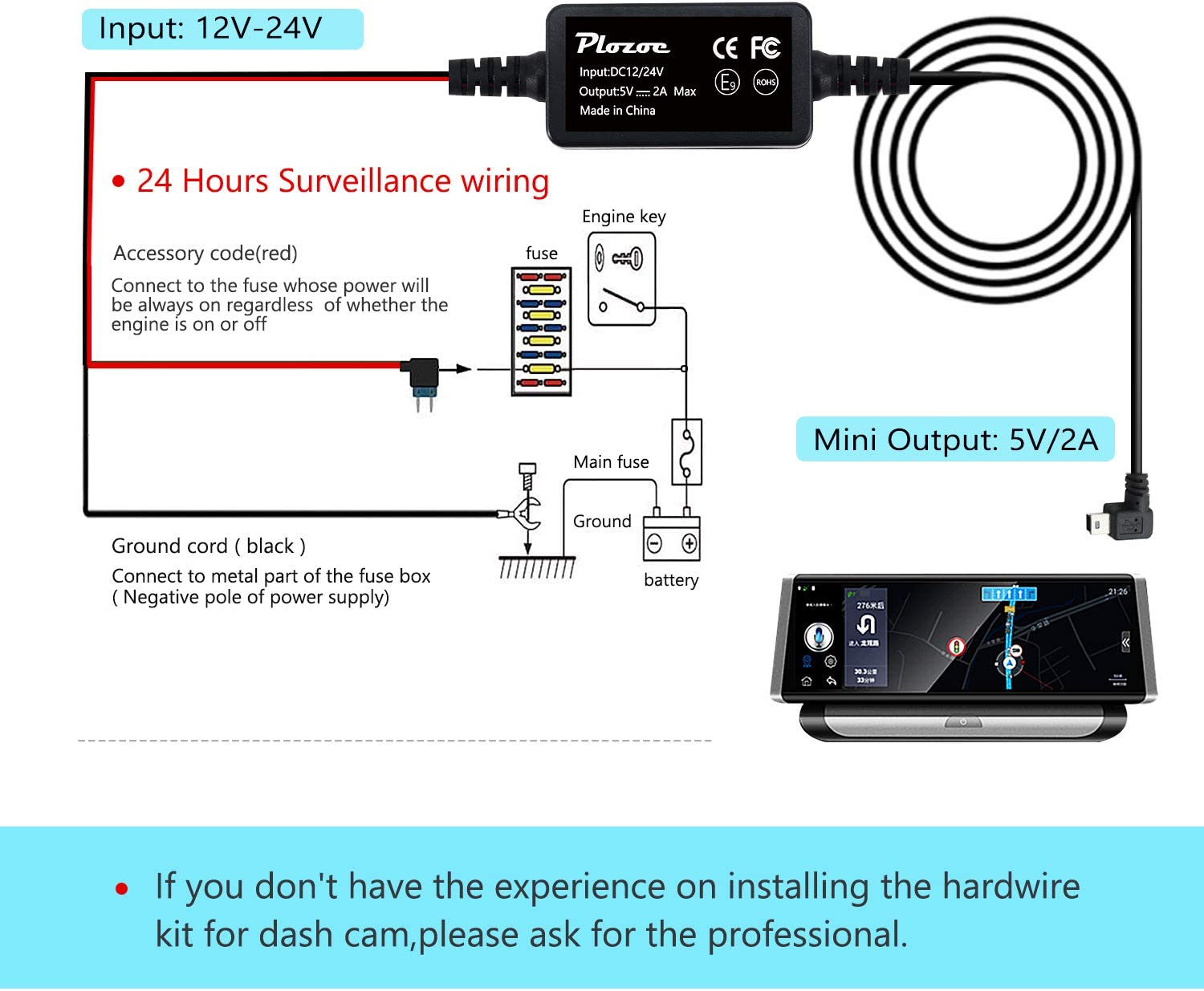 NKTIER Dash Cam Hardwire Kit, Universal Mini USB Adapter Cable, 12V-24V to  5V Vehicle Power Adapter with Mini / Micro Port for Dash Camera Power