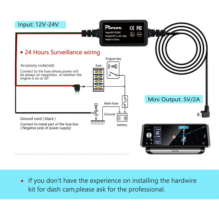 Dash Cam Hardwire Kits Mini USB 12V-24V to 5V Car Dash Camera Charger Power  Cord 11.5ft 