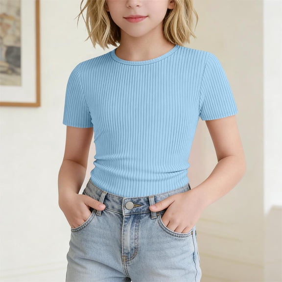ITSAME Girls Short Sleeve Shirts Ribbed Knit Slim Fit Crewneck Tees Summer Basic Casual Tops Blue Size 7-8