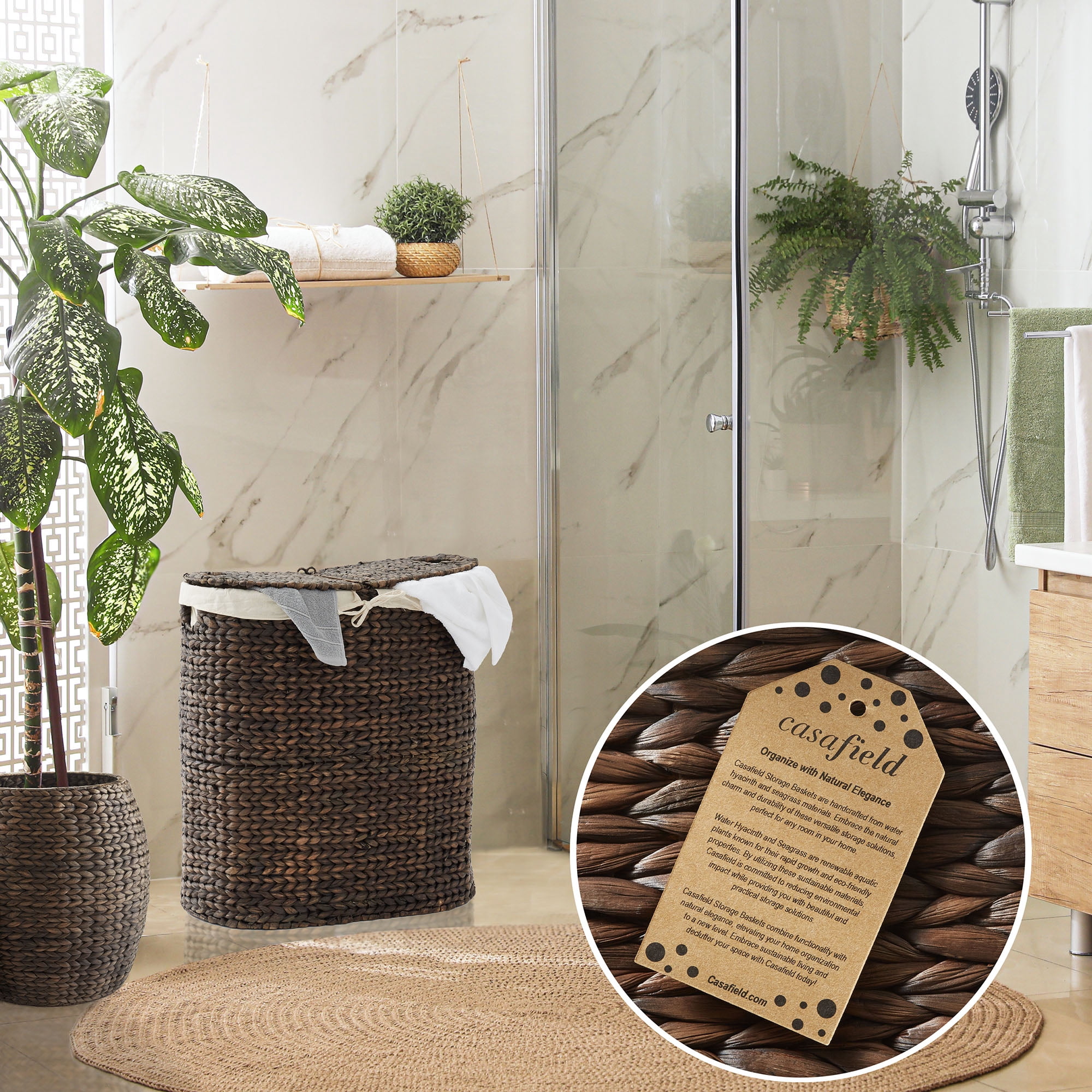 Casafield Oval Laundry Hamper with Lids and Removable Liner Bags - Espresso Dark Brown, Woven Water Hyacinth 2-Section Laundry Basket for Clothes