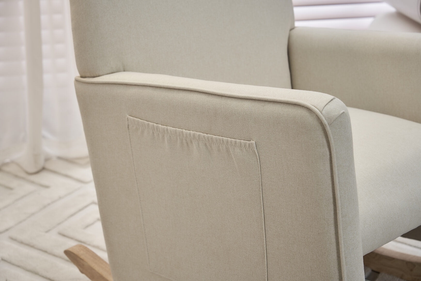 Rocking Chair Nursery Glider Chair with Adjustable FootRest, Nursery Rocking Chairs with Wood Legs Side Pocket, Cotton Linen High Back Nursing Chair, for Living Room, Bedroom, Cozy Reading, Beige