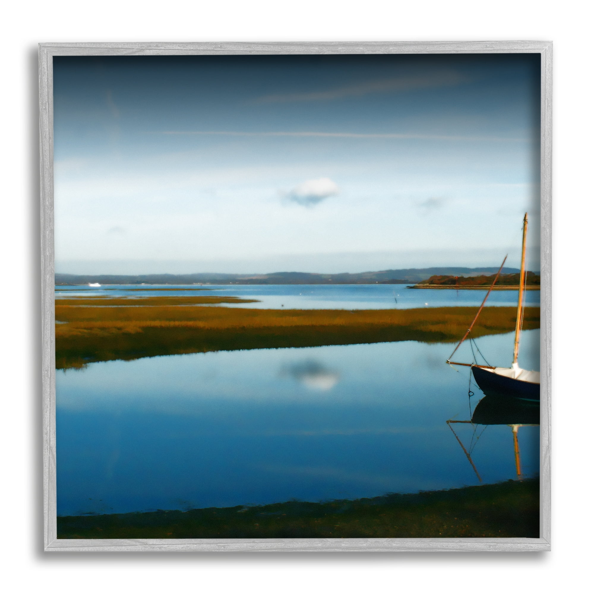 Stupell Industries Dreamy Boat Floating Cloud Reflection Grassy Shore Photograph Gray Framed Art Print Wall Art, Design by Noah Bay