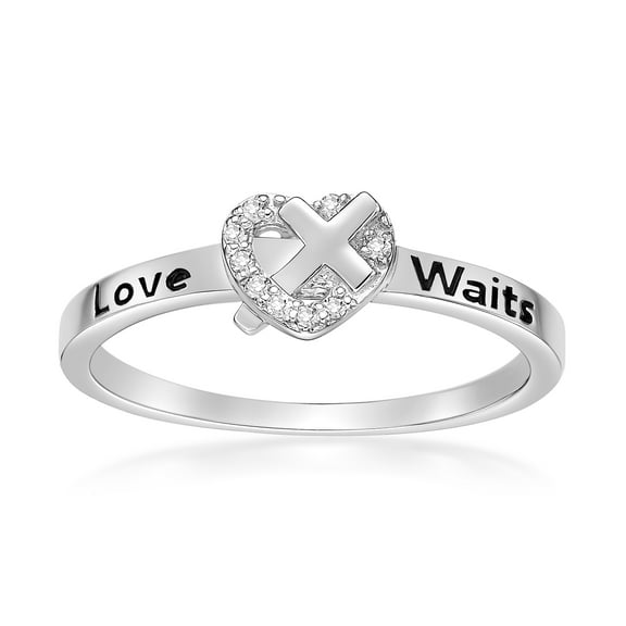 1/25 Carat Natural Diamond Heart and Cross Love Waits Purity Ring for Women in 925 Sterling Silver (H-I, I2-I3, 0.04 cttw) Engagement Wedding Promise Band Ring Size 5 by Lavari Jewelers