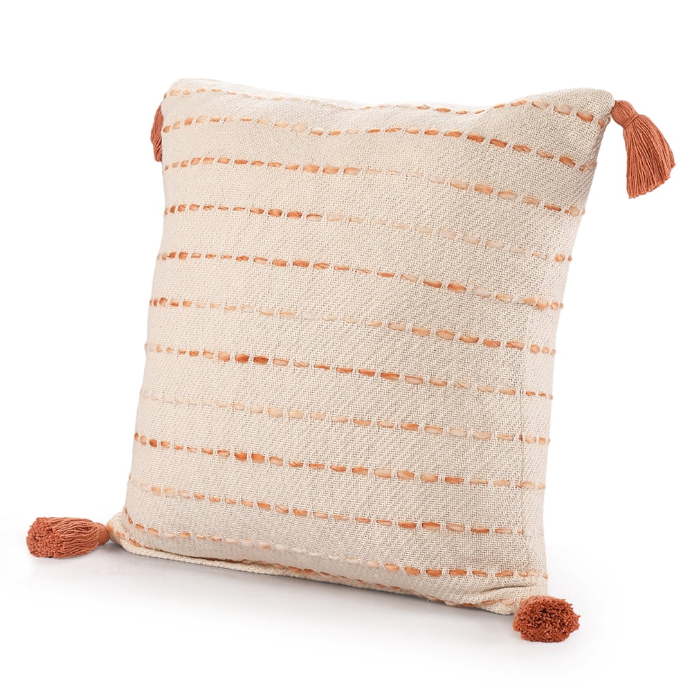 Ox Bay Top Variegated Stripe Cotton Blend Handmade Throw Pillow with Tassels, 20" x 20"