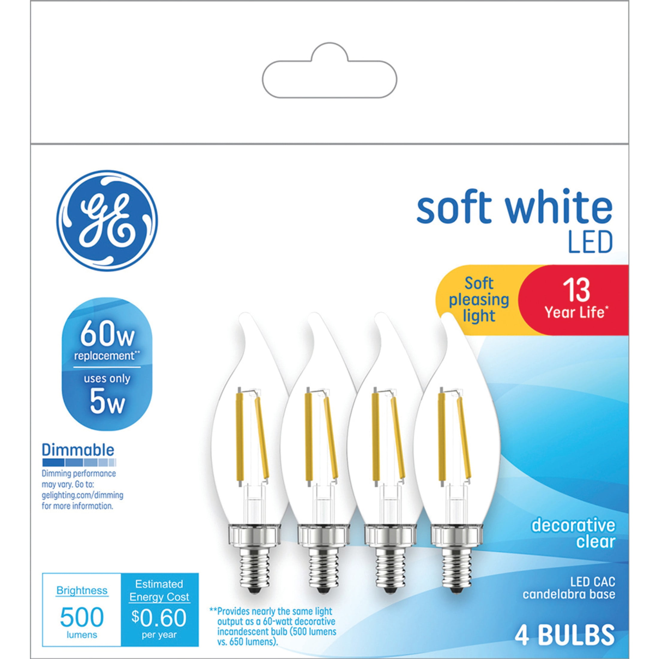(1 pack) GE LED Light Bulbs, 60 Watt, Soft White, CA11 Bulbs, Small Base, 13yr, 4pk