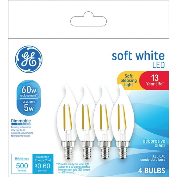 GE LED Light Bulbs, 60 Watt, Soft White, CA11 Bulbs, Small Base, 13yr, 4pk
