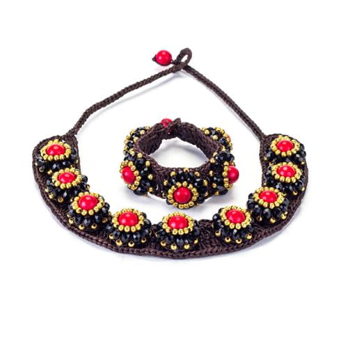 Wink International Red Coral, Crystal and Brass Bead Wax Cord Necklace and Bracelet Set (Thailand) by Overstock