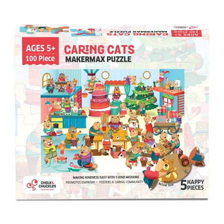 Makermax 100 Pcs Casse-Tête pour Enfants - Chats Attentionnés de Chalk and Chuckles pour Enfants de 5 Ans et Plus - Casse-Tête Activité avec Missions de Gentillesse - Cadeau Éducatif pour Garçons et Filles 5, 6, 7, 8 Ans