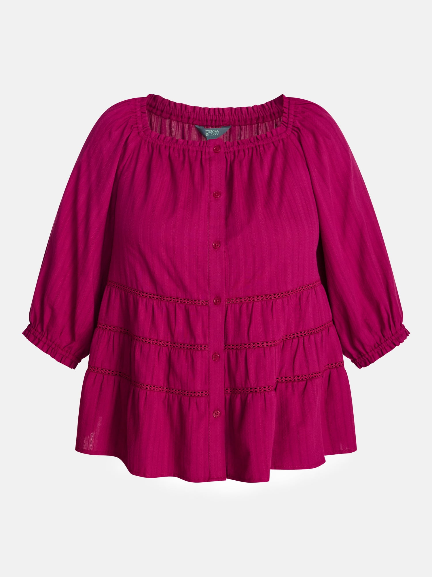 Terra & Sky Women's Plus Eyelet Trim Swing Top with Elbow Length Sleeves, Sizes 0X-5X