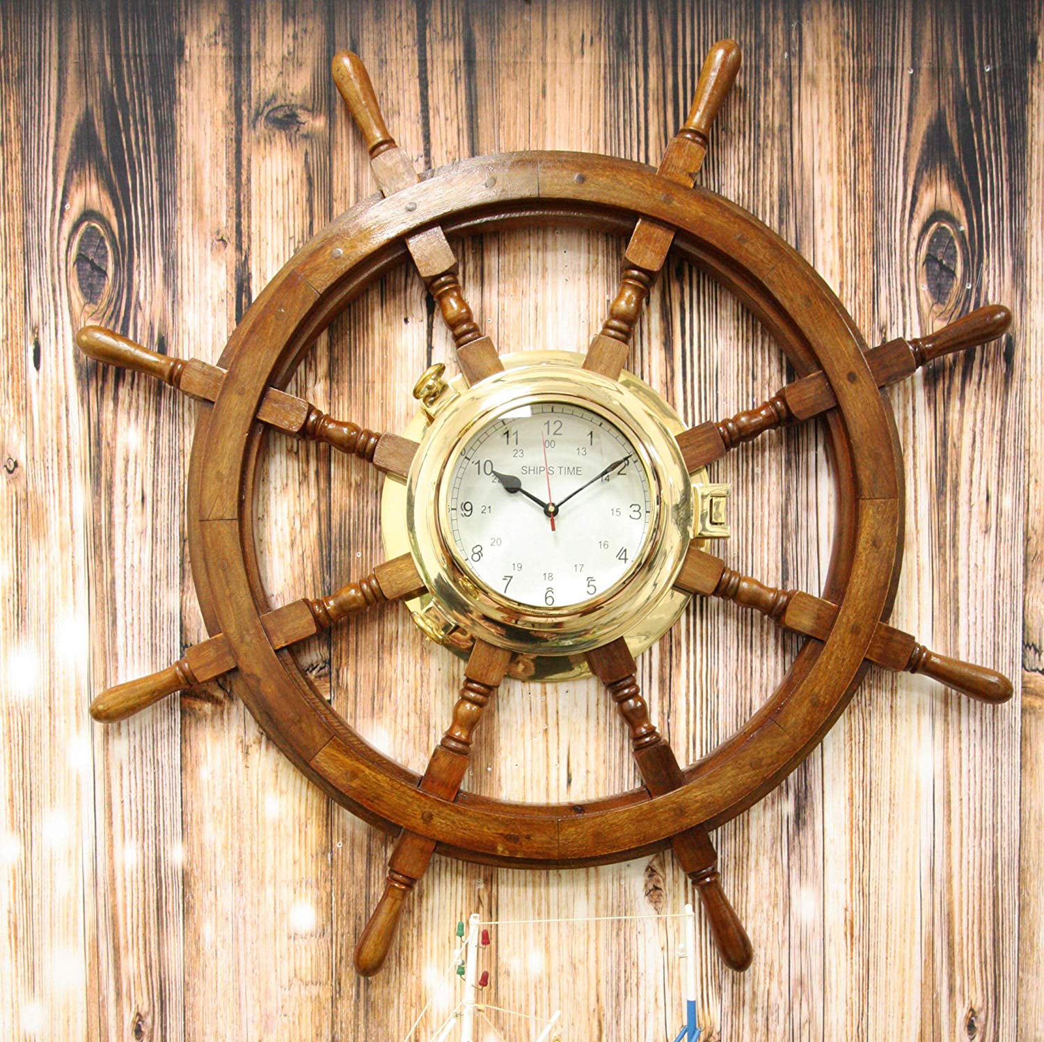 Fishing Boat Pirate Wall Decor Nautical 14" Wood and Brass Ship Steering Wheel 