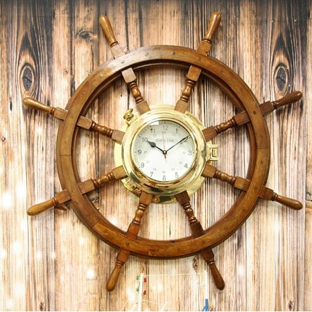 33.25W Nautical Rustic Wood and Brass Ship Steering Helm Wheel Wall Clock Decor