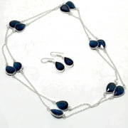 Iolite Pear Shape Gemstone Handmade Wedding Gift For Wife Chain+Earrings Jewelry