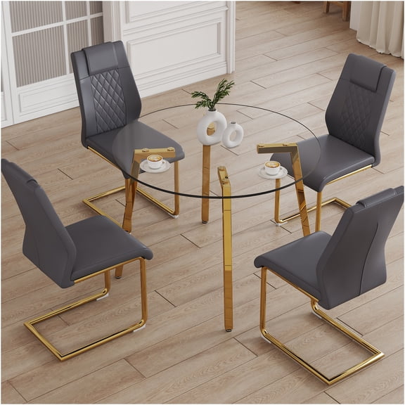 JERFIT 4-Piece Dining Set, Modern Round Tempered Glass Table with Metal Base & Gray PU Leather Upholstered Chairs, Golden Legs