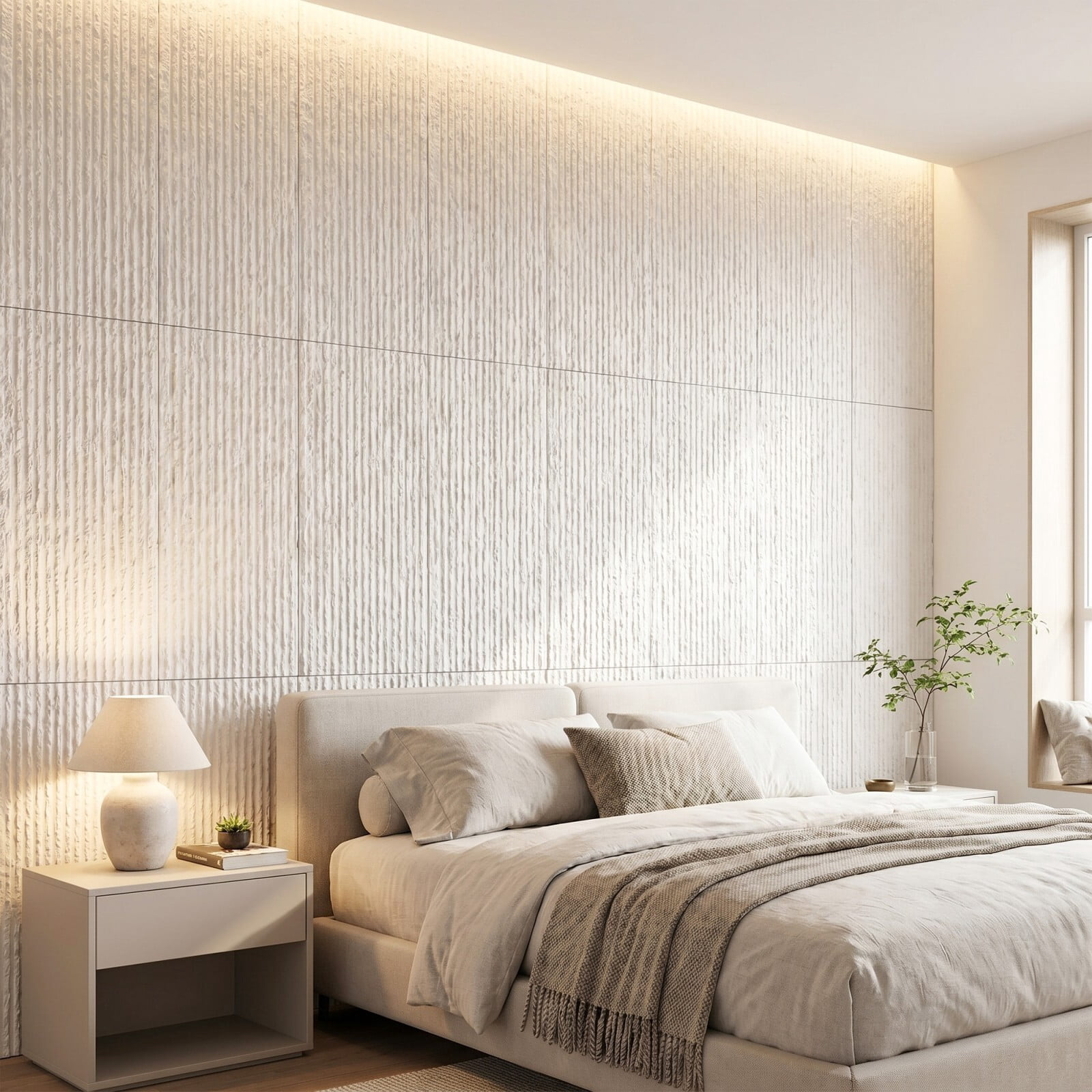 Plank & Hue 4Pcs 48"x24" 3D Faux Stone Wall Panels, Imitation Stone Wall Décor Wainscot Panel Board for Interior Accent Walls, Ivory White
