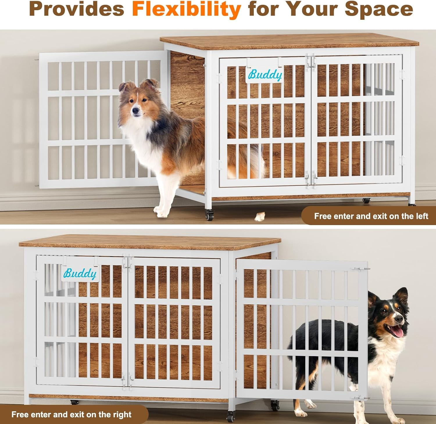 POAO 42"XL Heavy Duty Dog Crate Furniture with Casters, Dog Kennel Indoor for Large and Medium Dogs, Double-Doors Sturdy Dog Cage for Anxiety Dog