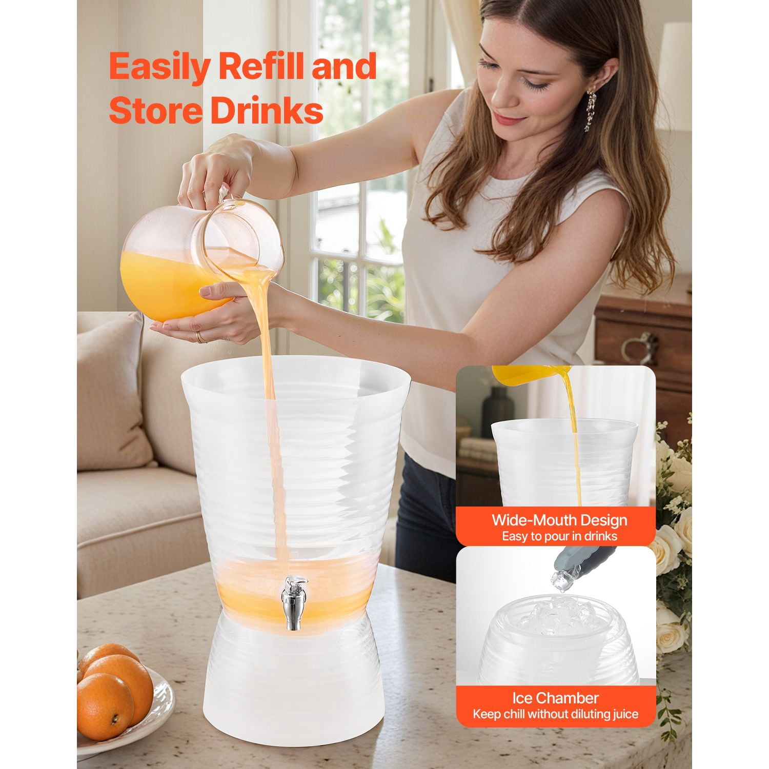 Beverage Dispenser 2.64 Gallon, Semi-Transparent with Ice Chamber, No-Drip Spring-Loaded Spigot, Food-Grade PP, Dishwasher Safe for Parties Restaurants Hotels