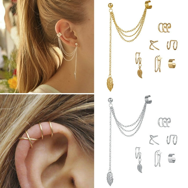 4 Earrings Set, Ear Cuff, Helix Earring, Cartilage Piercing in 925