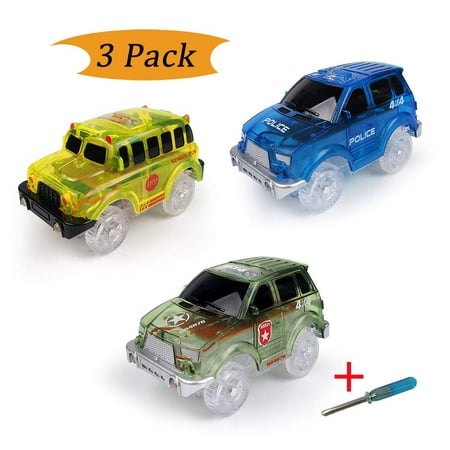 Electric Tracks Cars 3 pack, LED Flashing Car Toys Looping Race Run Set, Flexible Glow in the Dark with 5 LED Lights, Compatible with Magic Track, for Boys and (Best Electric Car Track)