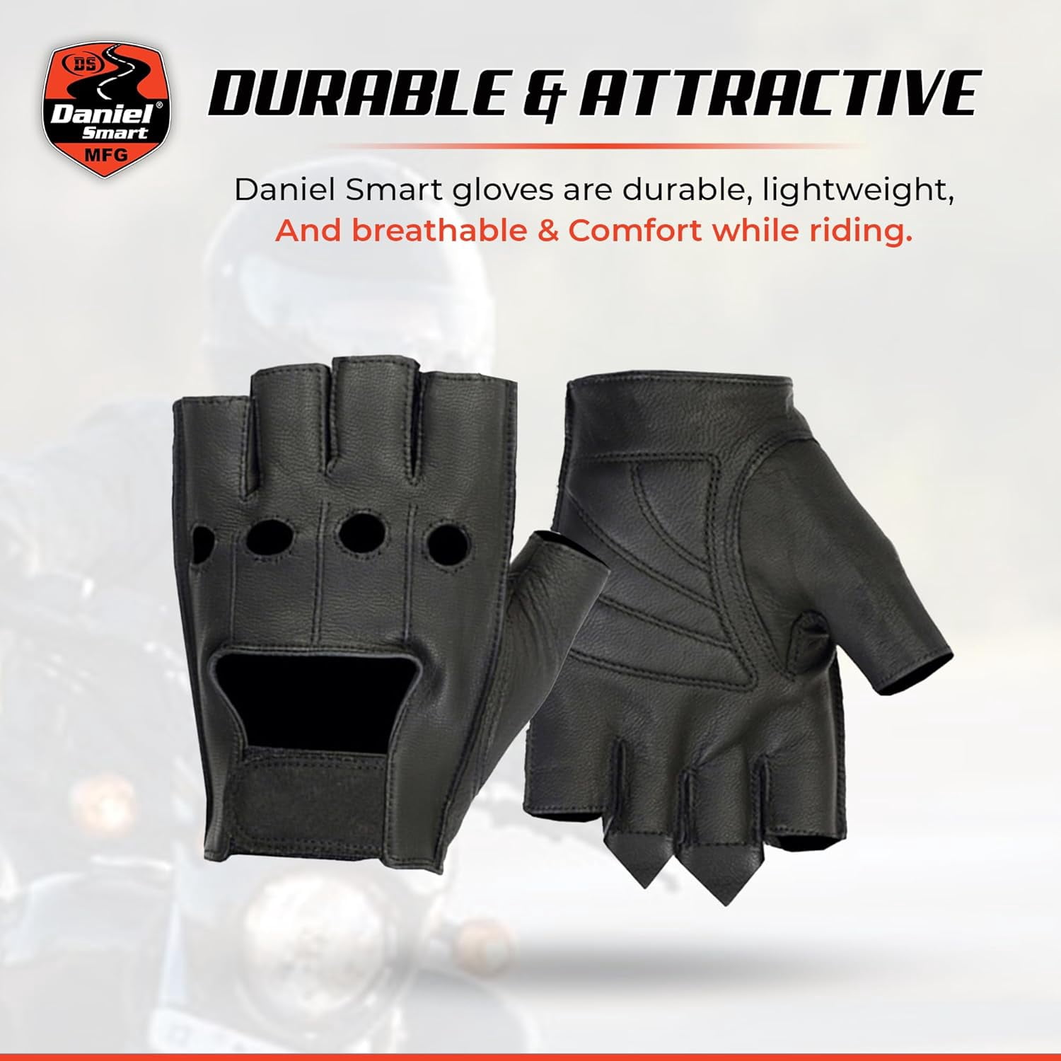 Daniel Smart Men’s Leather Gloves – Naked Goatskin Leather - Fingerless Motorcycle Gloves with Pull Tabs and Gel Palm