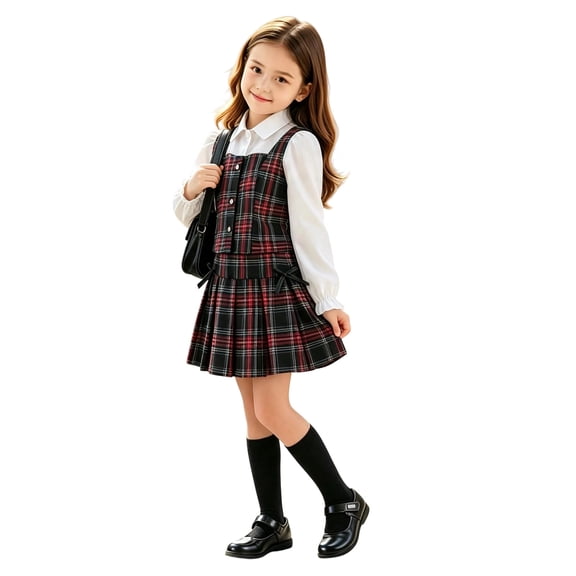 RUTAYY Girls 2 Piece Set Plaid Sleeveless Vest Long Sleeve Blouse Pleated Skirt Casual School Ensemble, White