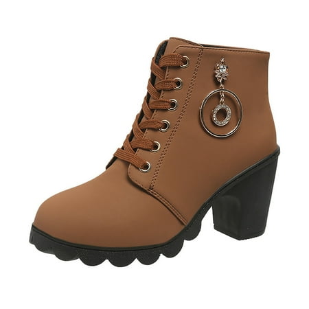 

KIJBLAE Women s Ankle Boots Lace Up Chunky Heel Winter Boots Warm Plush Lined Booties Faux Leather Platform Outdoor Shoes Black US 6 Brown 9
