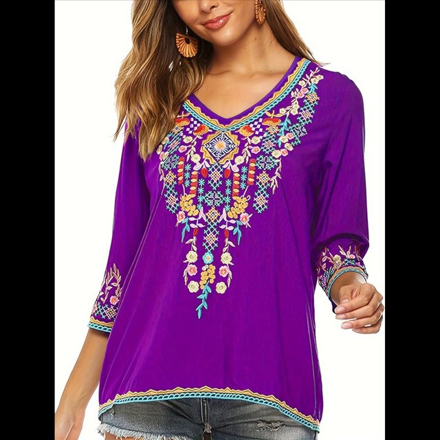 Blusas Mexicanas para Mujer, Camisas Bordadas, Ropa Hippie, Túnicas de Fiesta, Blusas Bohemias Campesinas de Talla Grande. Púrpura 5XL