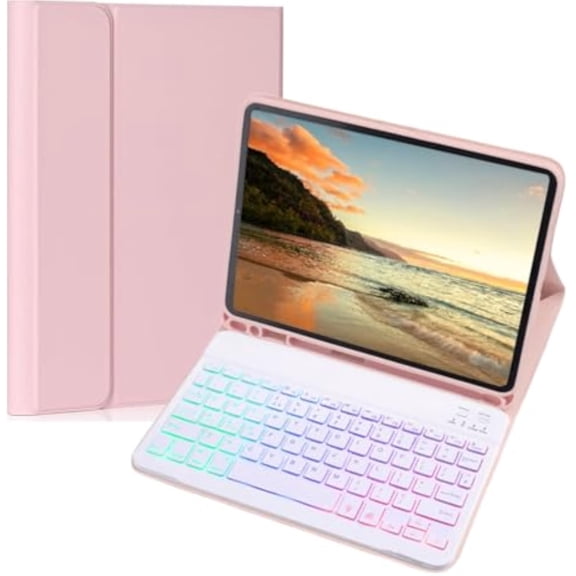 7 Colors Rainbow Backlight Detachable Magnetic Keyboard Cover for iPad 11 Gen A16 2025 / iPad 10 Gen, Slim Candy Folio Case with Apple Pencil Slot, Pink