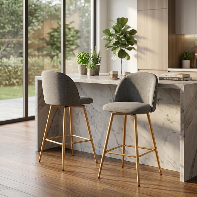 Homy Casa 2-Piece 26'' Swivel Bar Stools, Grey Fabric Counter Chairs with Footrest for Kitchen Island