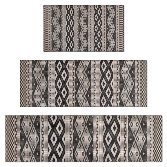 Black Geometric Diamond Striped Pattern Kitchen Rugs Sets Of 3,Kitchen Runner Rugs Non Skid Washable,Decorative Kitchen Floor Mats for Kitchen,Sink,Laundry,17"x30" 17"x47" 17"x59"
