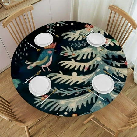 

Patifu Christmas Tree Birds Snowflakes Round Tablecloth Stain Resistant Washable for Indoor Outdoor Kitchen Dining Wedding Parties 100% Polyester with Elastic Edge Holiday Table Cover 38 -42