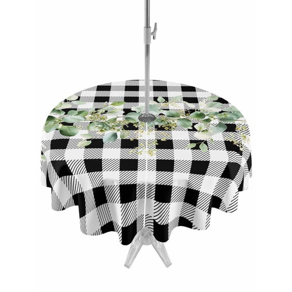 Outdoor Tablecloth with Umbrella Hole and Zipper, Green Eucalyptus Leaves Round Table Cloth 54 Inch Waterproof Tablecloth, Black White Plaid Farmhouse Watercolor Picnic Table Cover for Patio Camping
