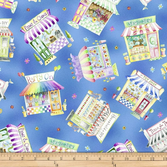 Quilting Treasures Quilt Fabrics Shop Hop Tossed Storefronts Light Blue 100% Cotton Fabric sold by the yard