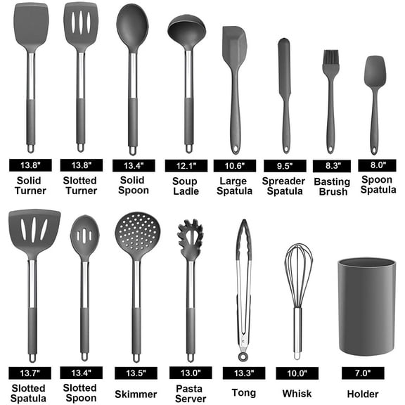 TRA-15-Piece Cooking Kitchen Utensils Set with Holder, Silicone Kitchen Tools Stainless Steel Handle, Slotted Spatula Spoon Turner Tong Whisk Brush for Cooking, Gray