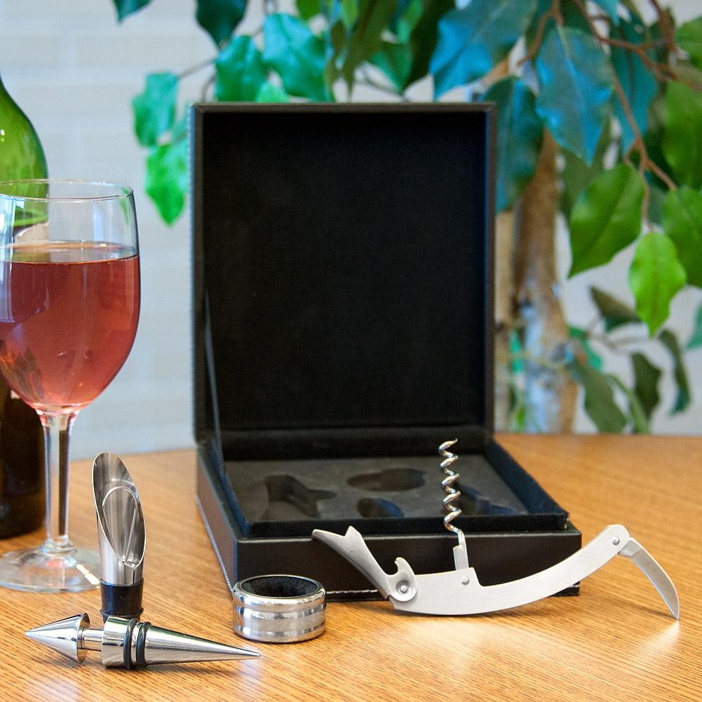 4 in 1 Stainless Steel Wine Accessory Tool Set with Leather Case