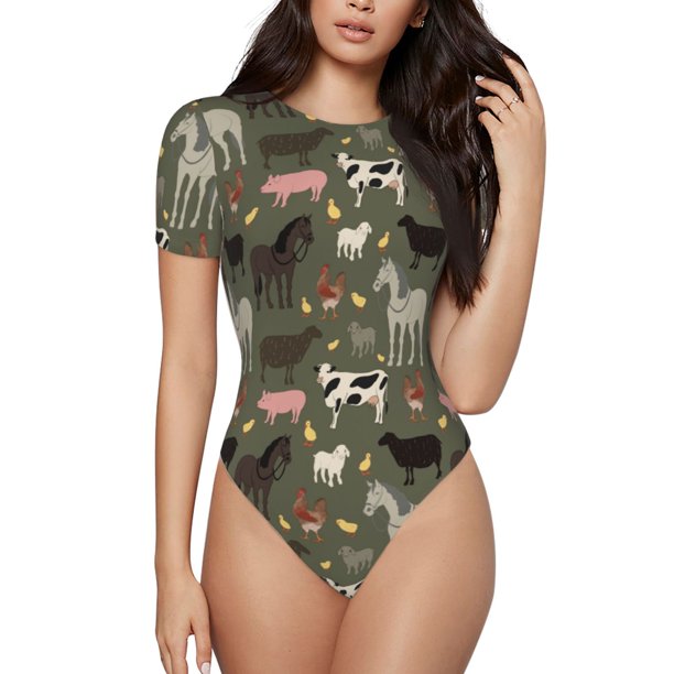Balery Farm Animals Body de cuello redondo de manga corta para mujer Tops de manga corta Tops básicos-Small