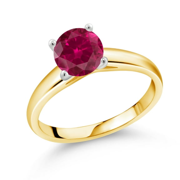 Gem Stone King 10K White And Yellow Gold Red Created Ruby Engagement Ring for Women | 1.55 Cttw | Round 7MM | Gemstone July Birthstone | Size 5